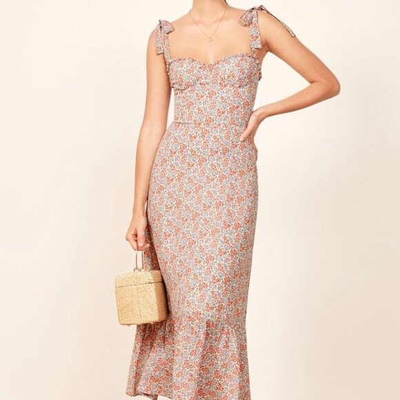 Floral Ruffle Long Midi Dress by Manu Reformation Nikita Shelby White Blue 2/XS - Picture 4 of 16